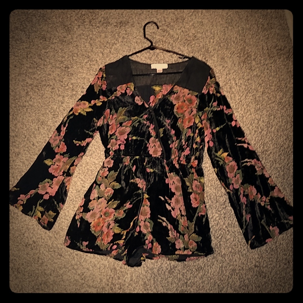 sheer velour floral bell sleeve romper